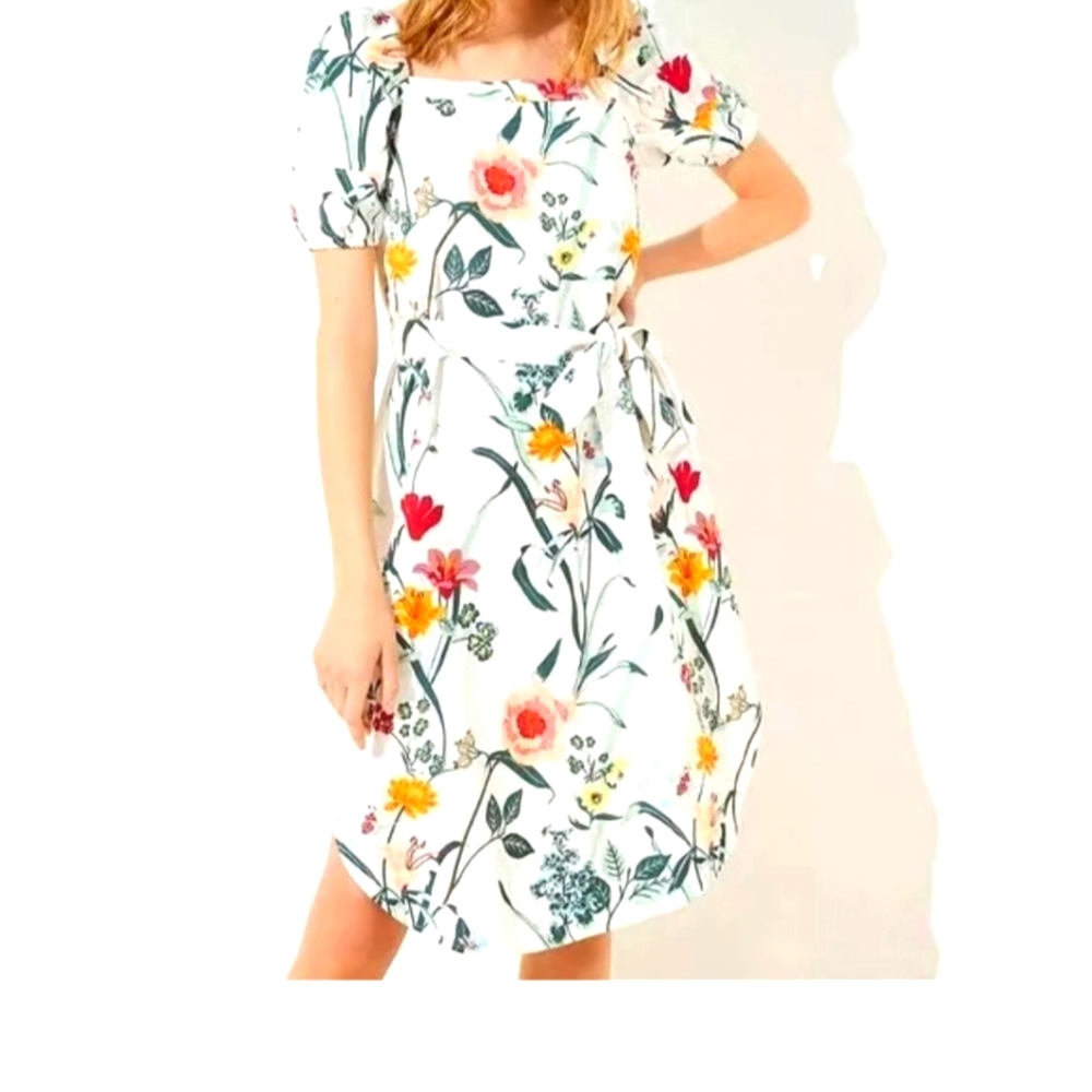 LOFT White Floral Puff Sleeve Midi Dress